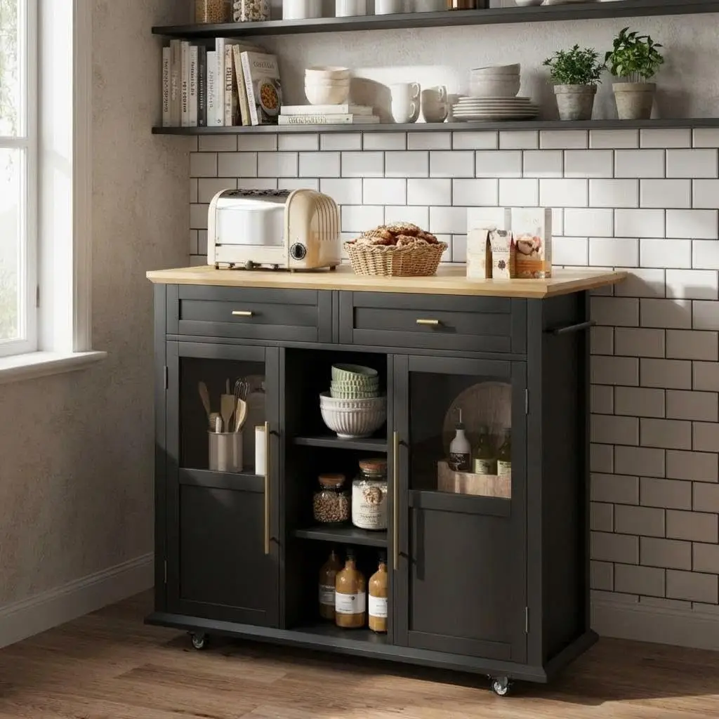 Kitchen Island Cart Wheels Glass Doors Spice Rack Towel Holder Trash Cabinet Small Kitchen Black, Customized