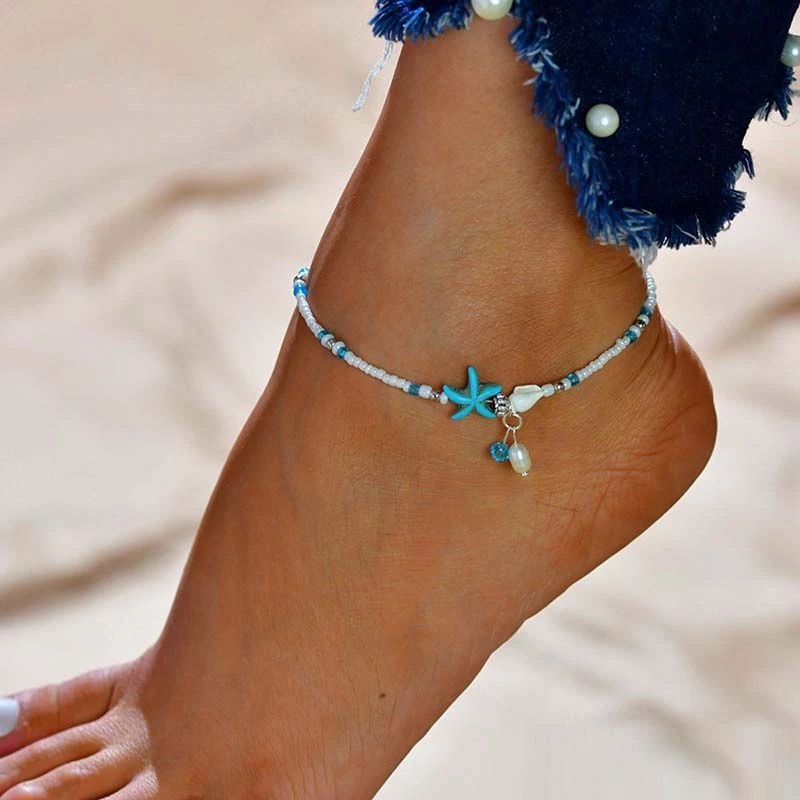 New Bohemia Starfish Conch Shell Beads Anklet For Women Double Heart Beaded Leg Chain Summer Beach Party Barefoot Sandal Jewelry