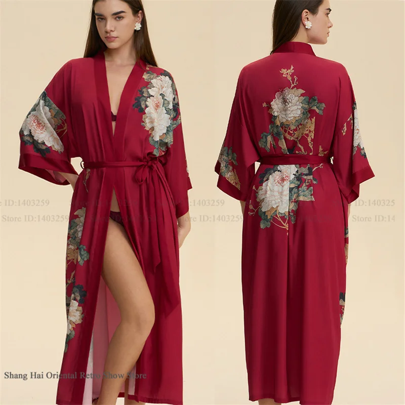 

Print Floral Bride Wedding Long Robe Dress Negligee Elegant Silk Satin Kimono Gown Bathrobe Big Size Loose Homewear Nightgown