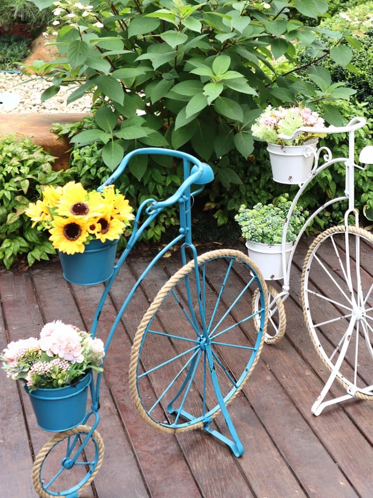 Outdoor Bicycle Flower Stand Old Iron Courtyard Garden Balcony Layout Show Window Decorations Gardening Ornaments