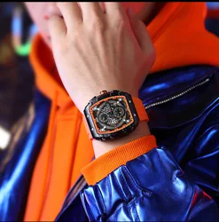 Chronograph Quartz Watch for Men Tonneau Dial Military Sport Wristwatch with Orange Silicone Strap Auto Date Dropshipping