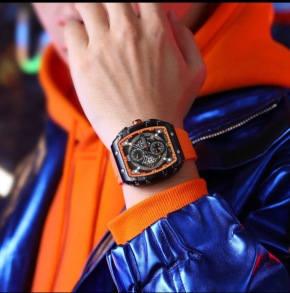 Chronograph Quartz Watch for Men Tonneau Dial Military Sport Wristwatch with Orange Silicone Strap Auto Date Dropshipping