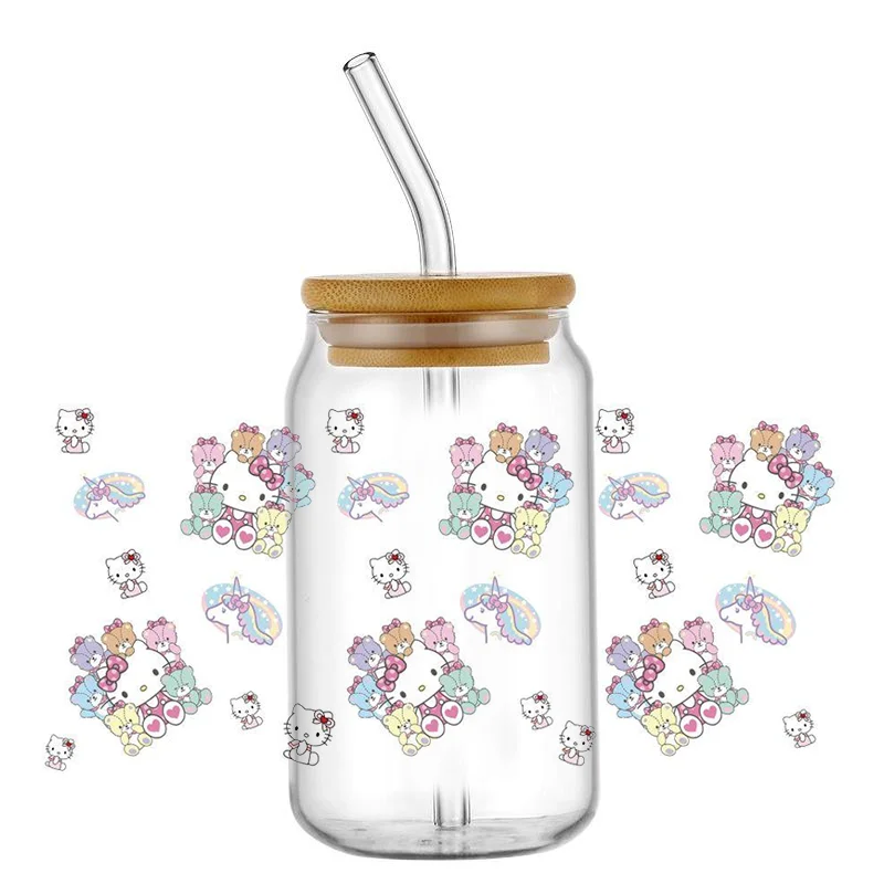 popular Kitty cat Patterns For Libbey 16oz Can Glass 3D Waterproof UV DTF Coffee Can Wrap Libbey Glass Wrap home decoration
