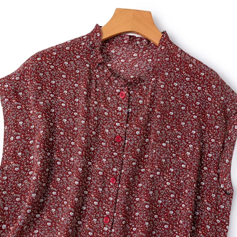 Birdtree, 100% Real Silk Floral Blouse, Double Crepe Retro Tops, Women's Short Sleeve Shirt, Ruffled Collar, 2026 NewT63446JF