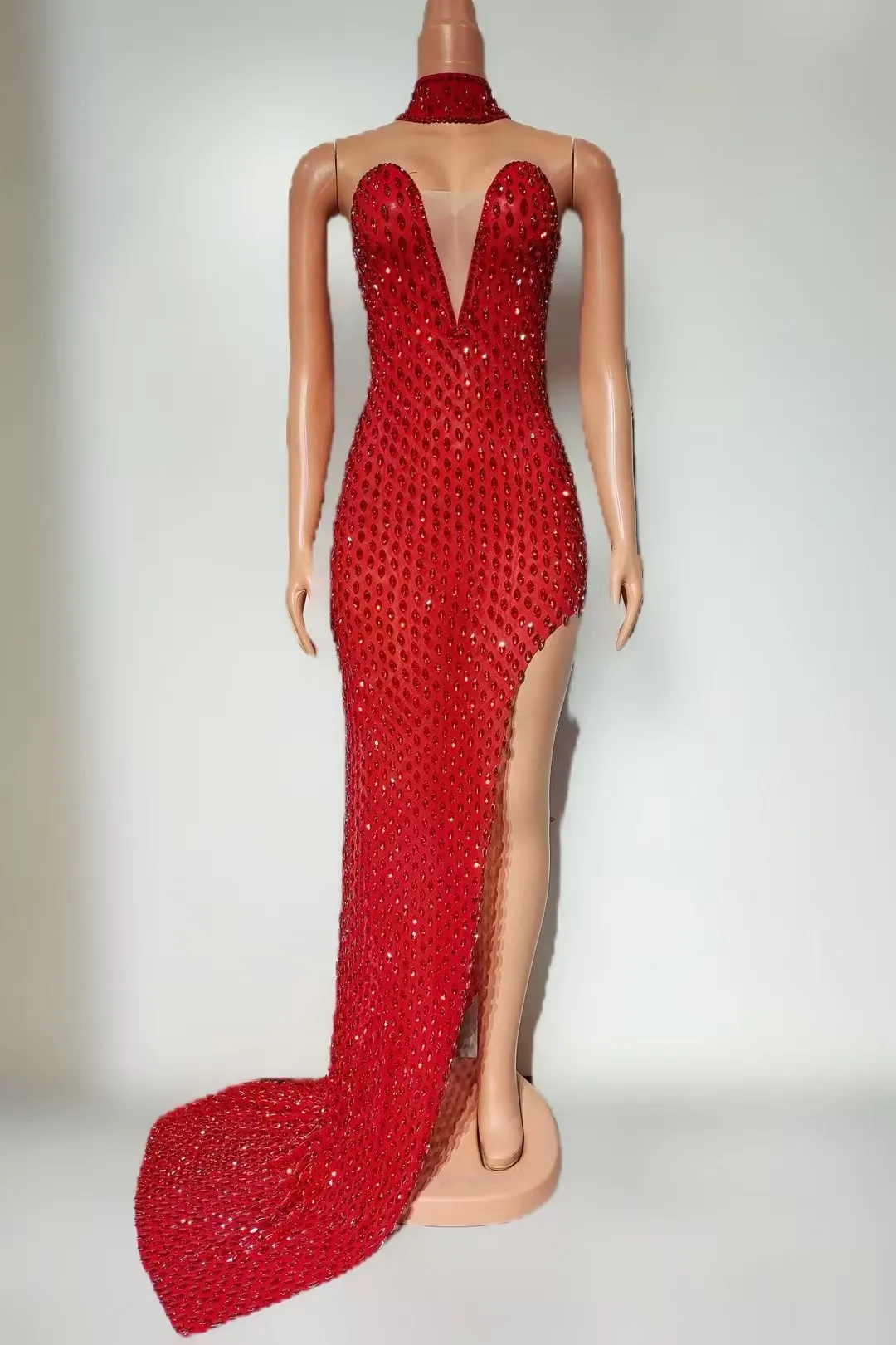 

Low Cut Tight Fitting Sexy Deep V FullDiamond Side Slit Floor Length Skirt Nightclub BarPerformance Costume A726