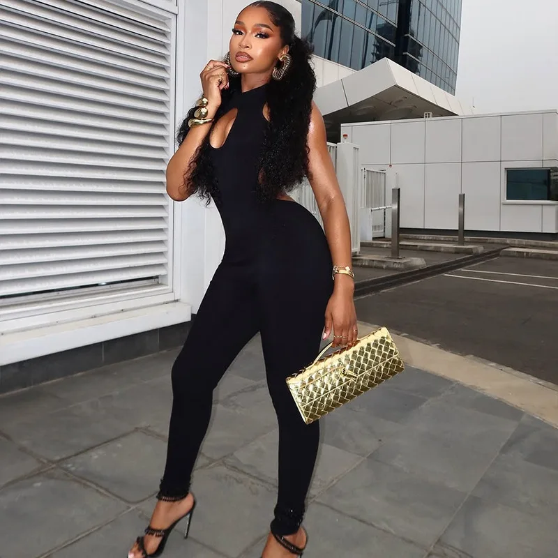 

STYLISH LADY Cut Out Black Jumpsuits 2025 Summer Women Sleeveless O Neck Bodycon Sexy Club Party Hipster Overalls