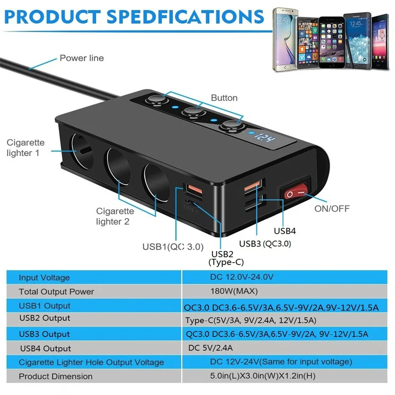 담배 라이터 스플리터 고속 충전 3.0 자동차 충전기 어댑터, 휴대폰 아이패드용 USB 충전 소켓, 4 포트, 12V, 24V, 180W