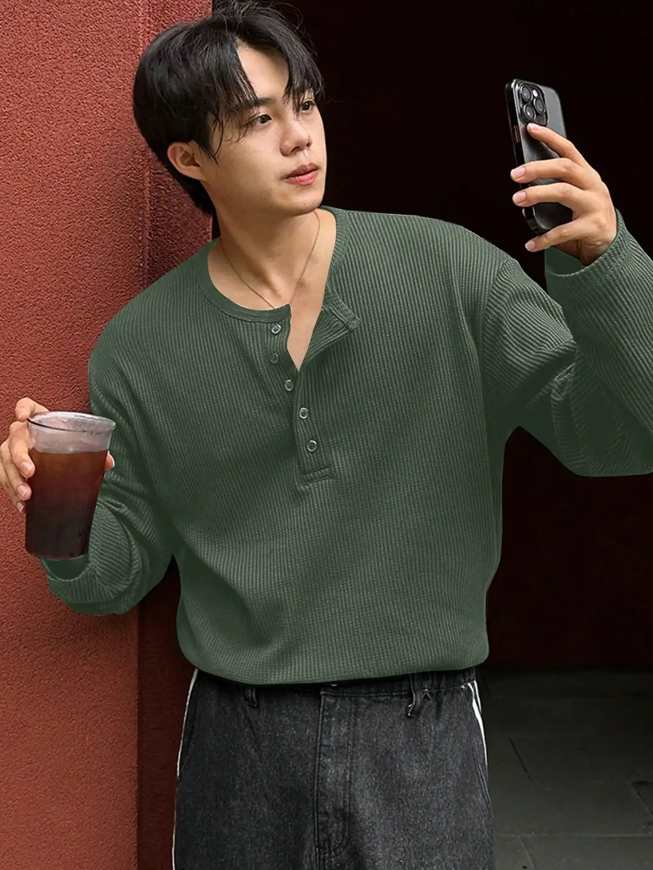 

Мужская рубашка-хенли с текстурной ребристой отделкой, однотонная, с длинным рукавом, повседневный топ