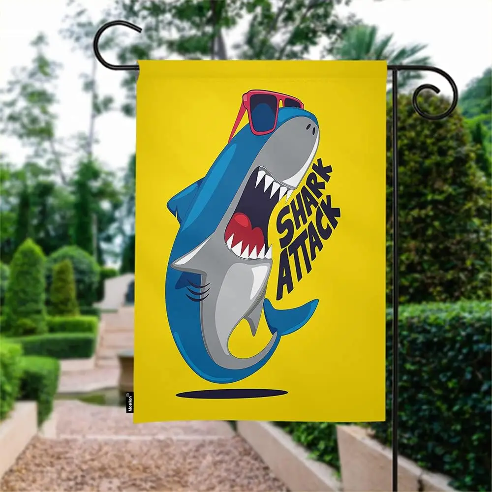 Shark Garden Flag Wild Ocean Animal Fish with Sunglasses Shark Attack Word Flags Double-Sided Banner Welcome Yard Flag Outdoor H