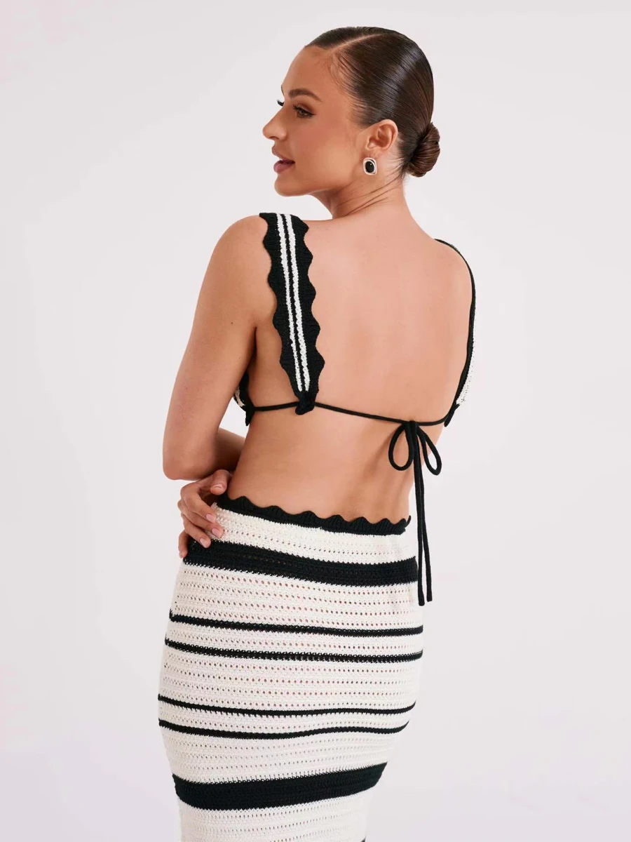 جديد مثير المرأة عطلة الشاطئ الزي الصيف محبوك قطعتين مجموعة سيدة الدانتيل يصل عارية الذراعين تانك القمم وم جردت Bodycon تنورة طويلة