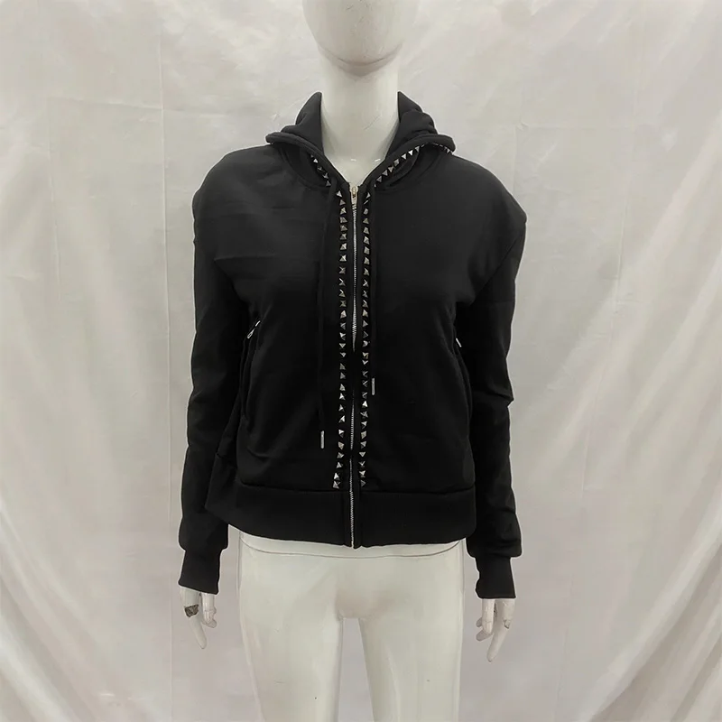 Y2K 뉴 이모 패션 리벳 지퍼 후드티 여성 하라주쿠 블랙 오버사이즈 후드티 고딕 레트로 클래식 스웨트셔츠 겨울 의류