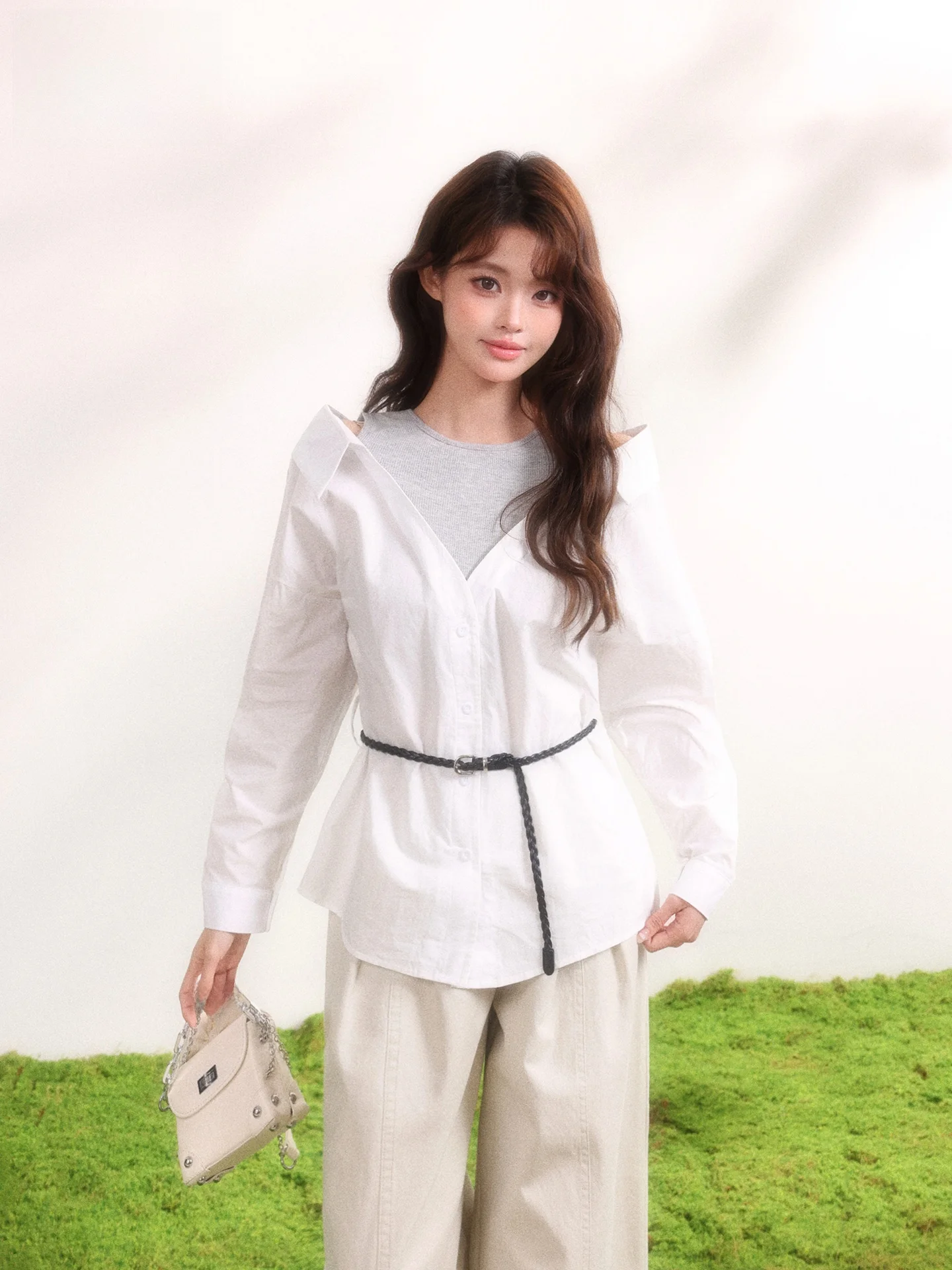 

White Fashion Long Sleeve Shirt Women's 2026 New Summer Waist Cinching Belt Elegant Top Casual Style Loose Fit Button Closure