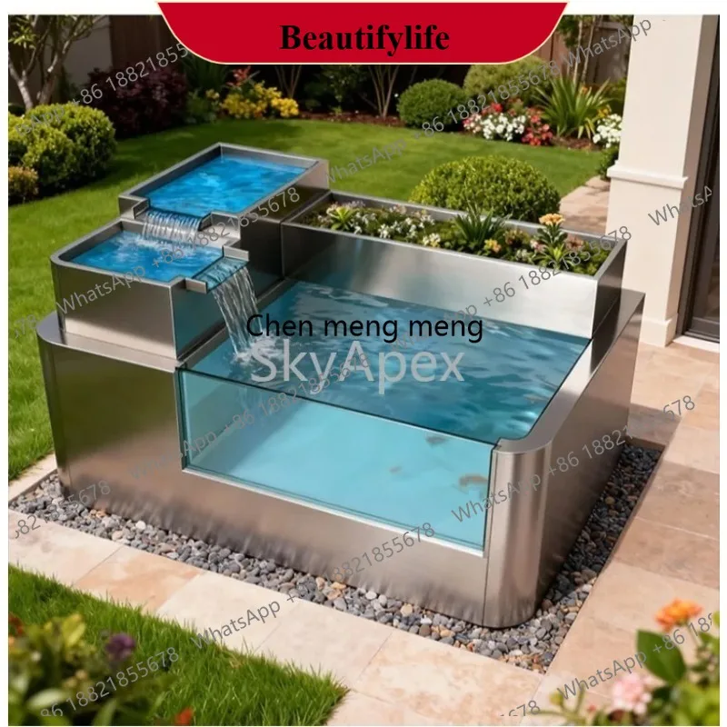 

C178 Stainless Steel Outdoor Garden Fountain Safe Circulating Waterfall Fish Pond Glass Ornamental Pool for Courtyard Landscapin