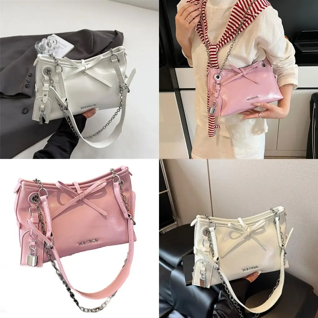 

D46D Roomy PU Handbag Adjustable Long Strap Shoulder Bag Crossbody Purse with Bows Embellishment Casual to Prom Occasion