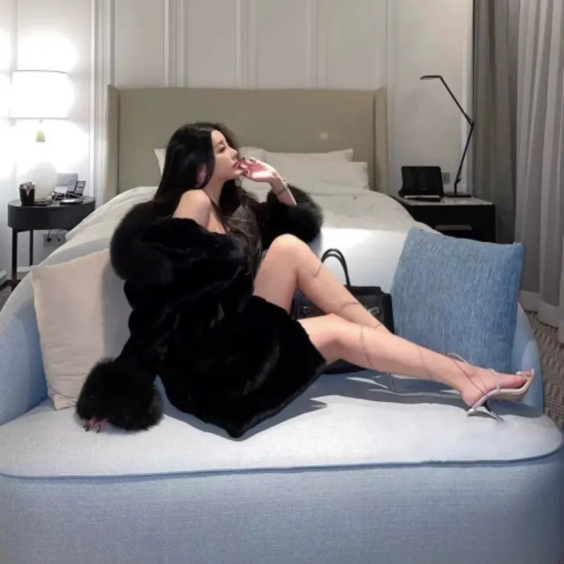 

Женское пальто из искусственного норкового меха с капюшоном средней длины, плюшевые пальто с воротником из лисьего меха, новое осенне-зимнее женское утепленное пальто