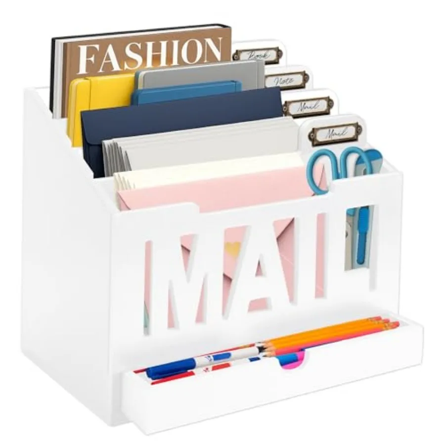 

Mail Organizer Countertop Holder for Desk with 4 Slots, Drawer and Label Tags, Decorative Desktop Sorter, Envelope Tray for Hom
