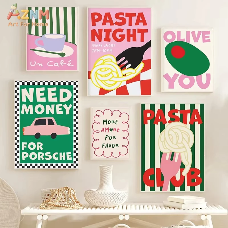

1pc Color Food Art Quote Poster Pasta Club Canvas Painting Wall Prints French Kitchen Pictures for Living Cafe Home Decorat