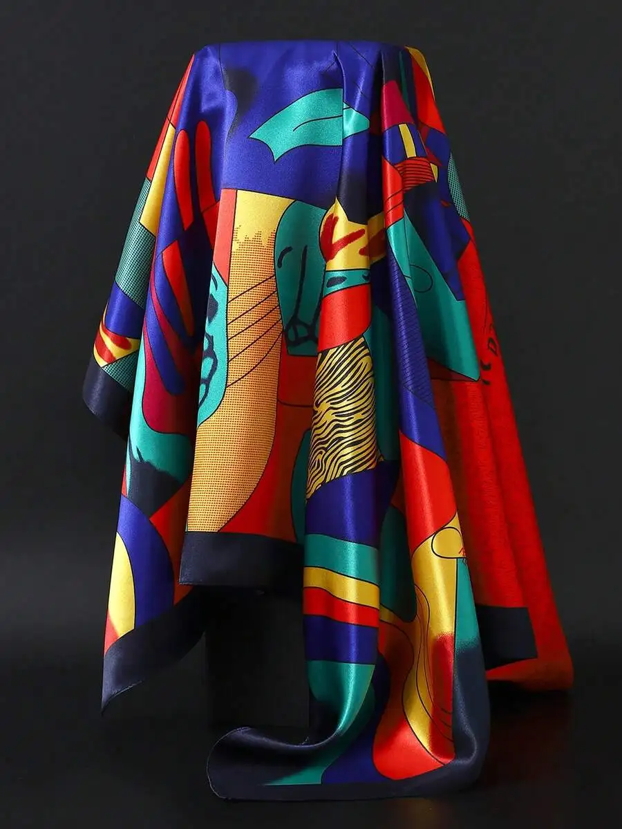 90*90cm Outdoor Shawl Women's Thin Silk Scarf All-Season Sandproof Sailboat Pattern Color Block Square Neck Scarf Professional