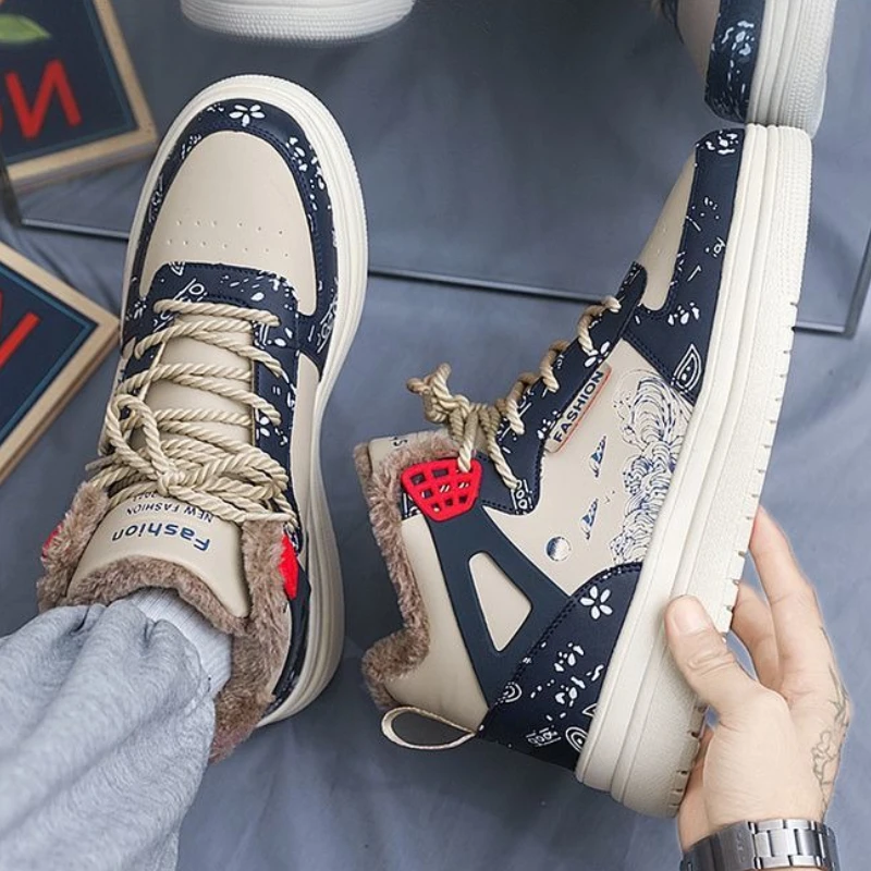 

2025 Winter New Men's High Top Couple Sports Shoes Fleece Lined Cotton Thickened Winter Casual Board Shoes