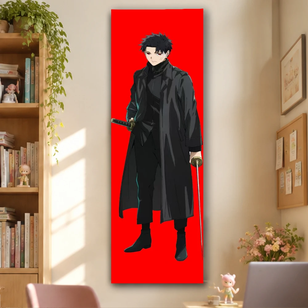 Short Black Hair Handsome Anime Guy Long Black Trench Coat Two Katana Swords Solid Red Vertical Long Tapestry Gamer Man Cave