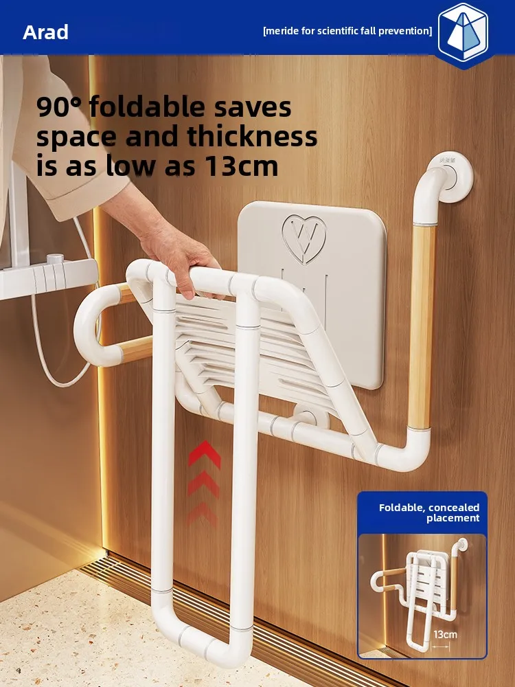 Wall Mount Foldable Shower Chair With Double Grab Bars Anti Slip Bath Seat For Elderly Pregnant Disabled