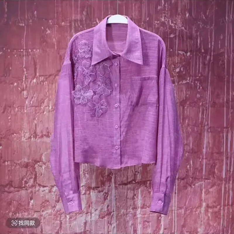 

Purple Sun Protection Blouse Women Long Sleeve Polo Collar 3D Floral Elegant Shirt Single Breasted Tops High end