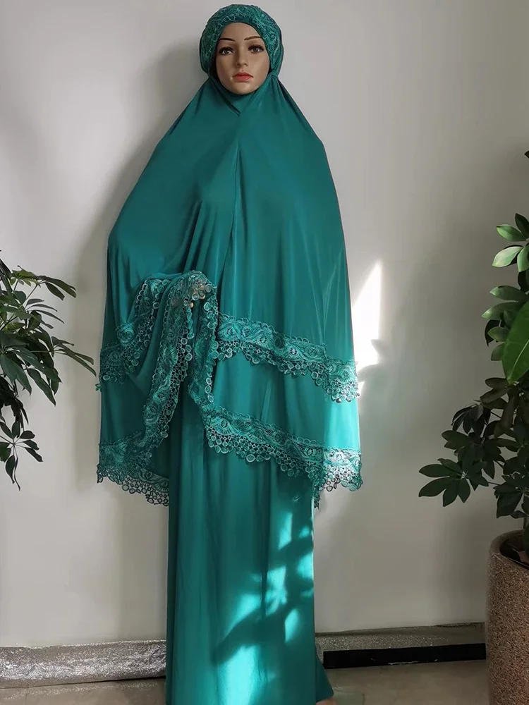 Ramadan Lungo Khimar Musulmano Abaya Donne Indumento di Preghiera Abito di Preghiera Saudita Lace Trim Set di 2 Pezzi di Gonna Eid Niqab jilbab