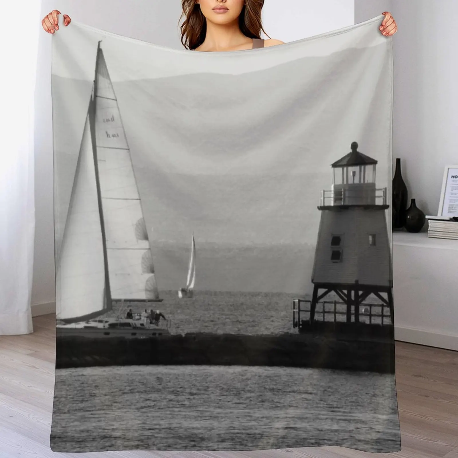 Sailboats and Lighthouse Throw Blanket Warm Comfortable Blanket for Office Napping