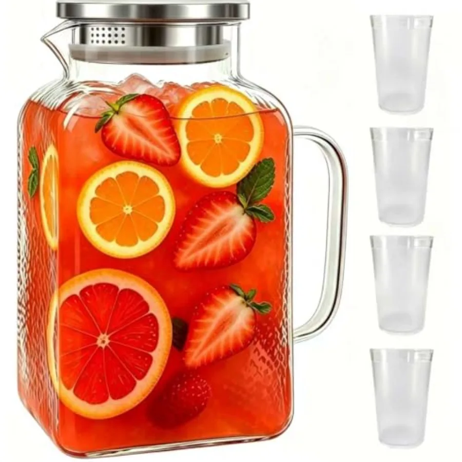 

Glass Pitcher with Lid, Glass Water Pitcher with Handle for Fridge, Iced Tea Pitcher, Cold/Hot water jug, Large Jug for Juice a