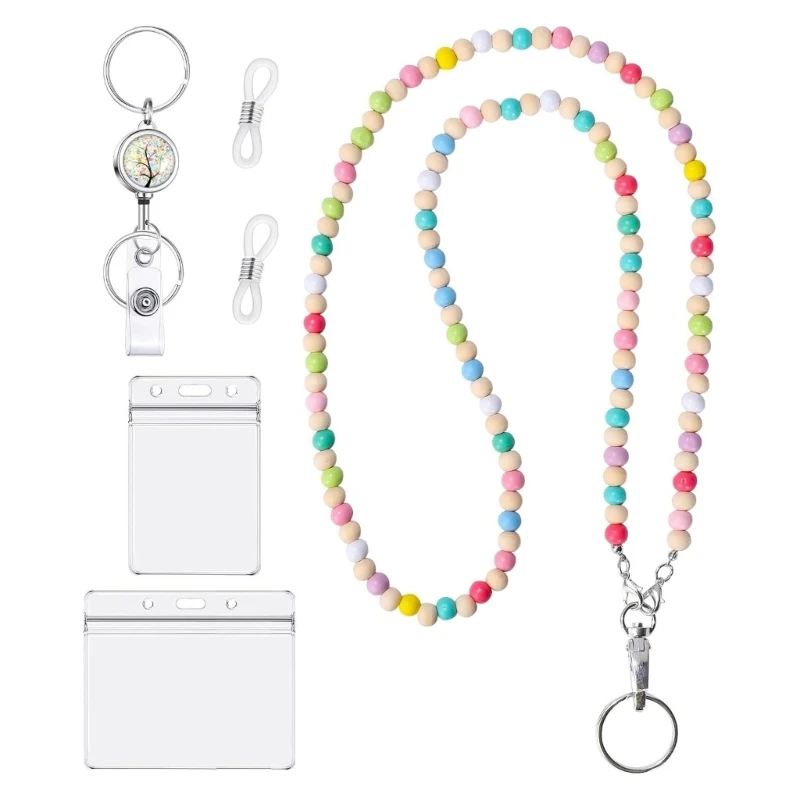  Card Holder with Detachable Beaded Lanyard Retractable Badge Holder Clear Waterproof Card Protector for Office School