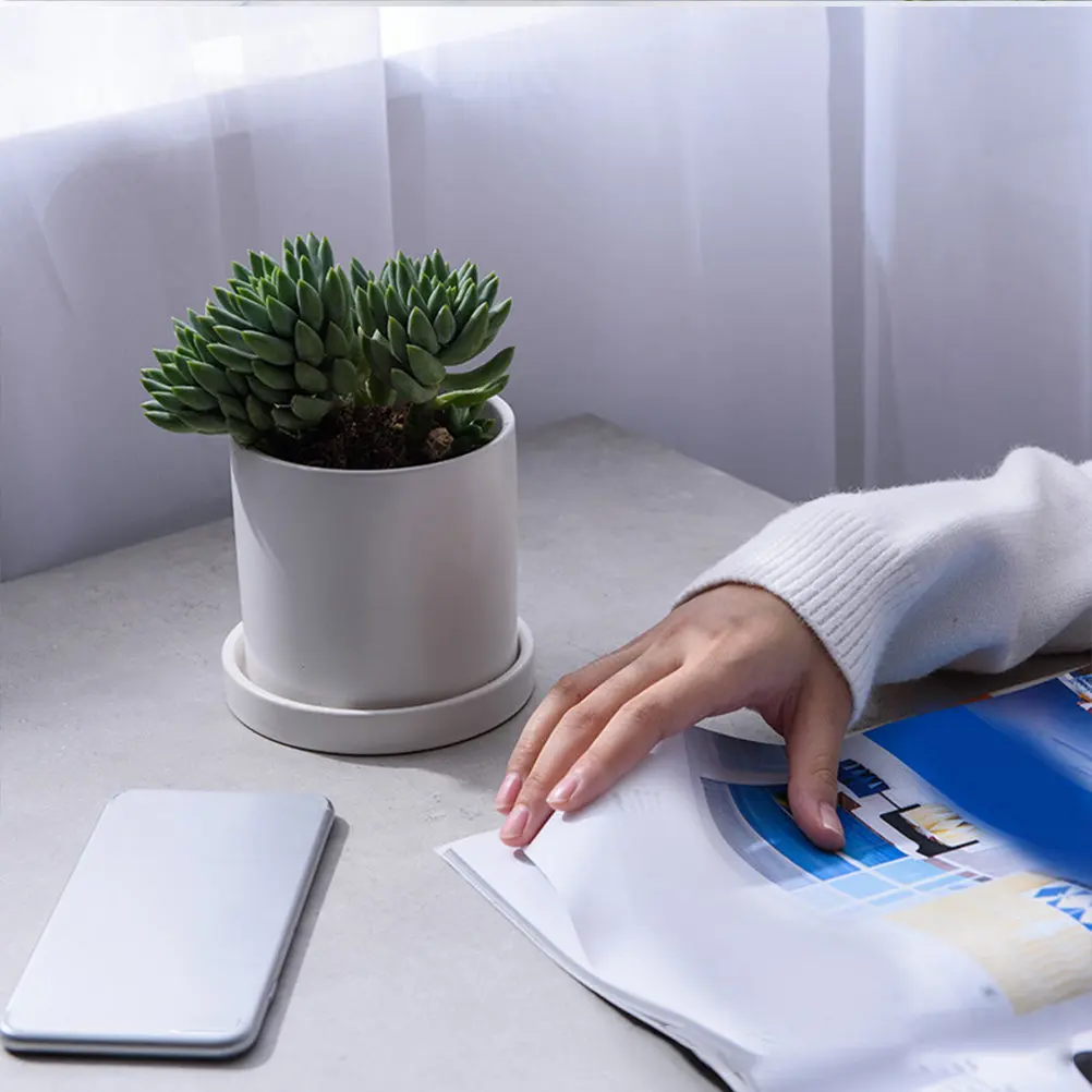 

1Set Ceramic Pot Mini Stylish Flower Pot with Plate for Succulents Cactus Aloe Garden Decorations White L Size