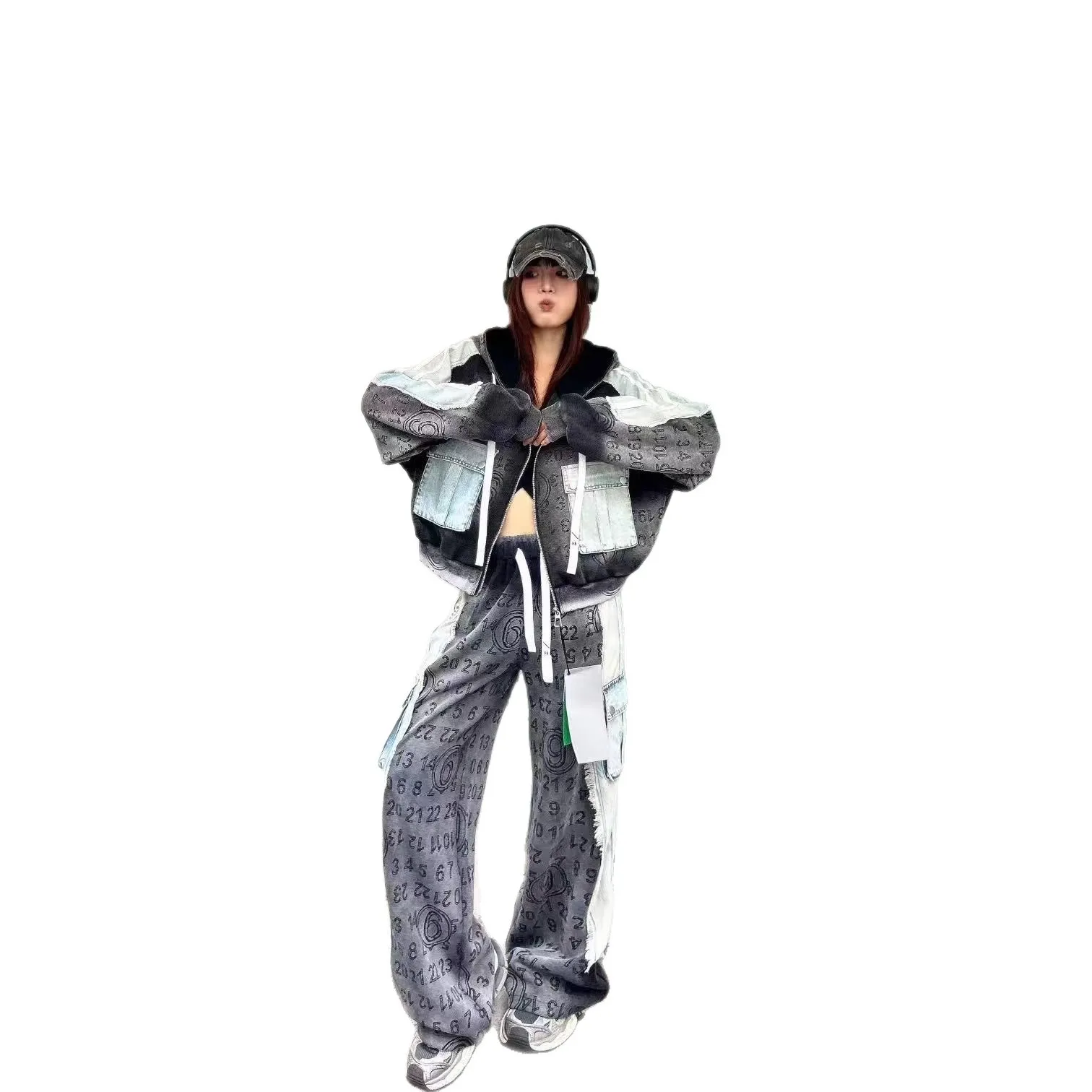 European Style Women's Jacket 2025 Autumn New Heavy Letter Print Patchwork Washed Denim Striped Hooded Jacket Trendy Coat