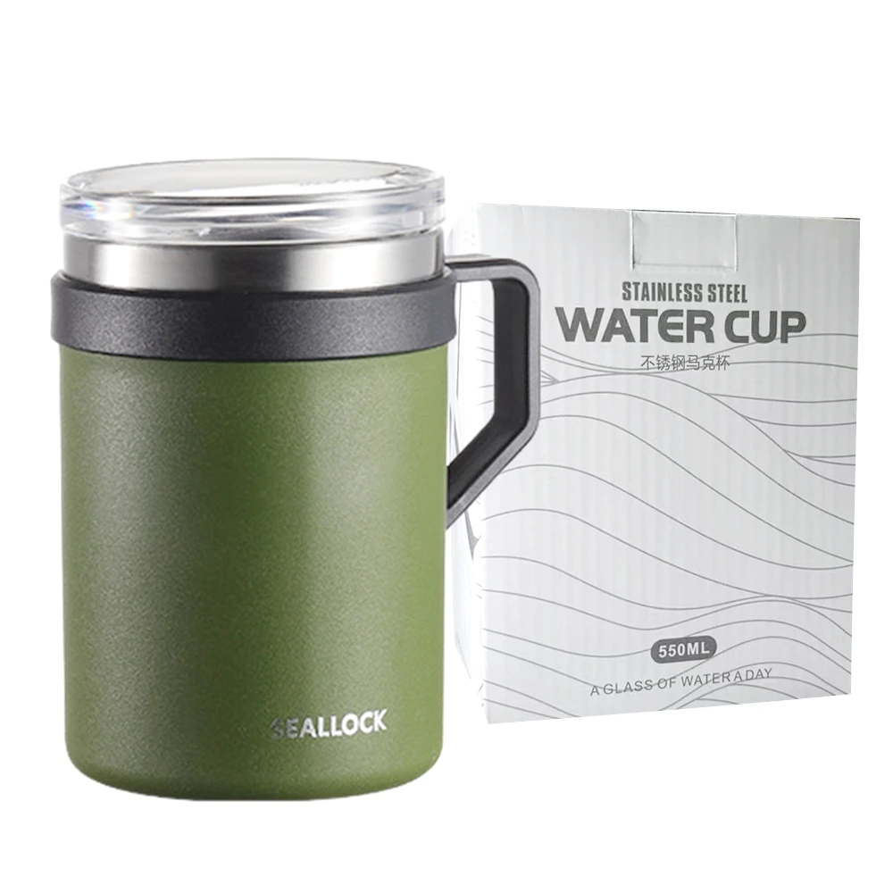 550 ml Kaffeetasse mit Griffdeckel, doppelwandig, Edelstahl, Thermo-Kaffeetasse, Wasserbecher für Büro, Reisen, Camping, Weiß, Grün