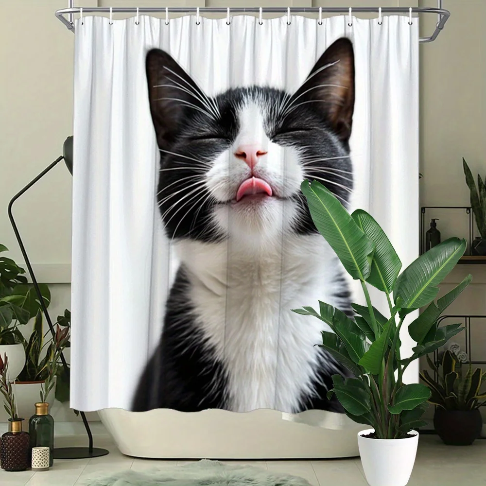 

Cute Black and White Cat Shower Curtain Cat Licking Lips Happy Expression Pet Lover Decor Waterproof Fabric Bath Curtain Set