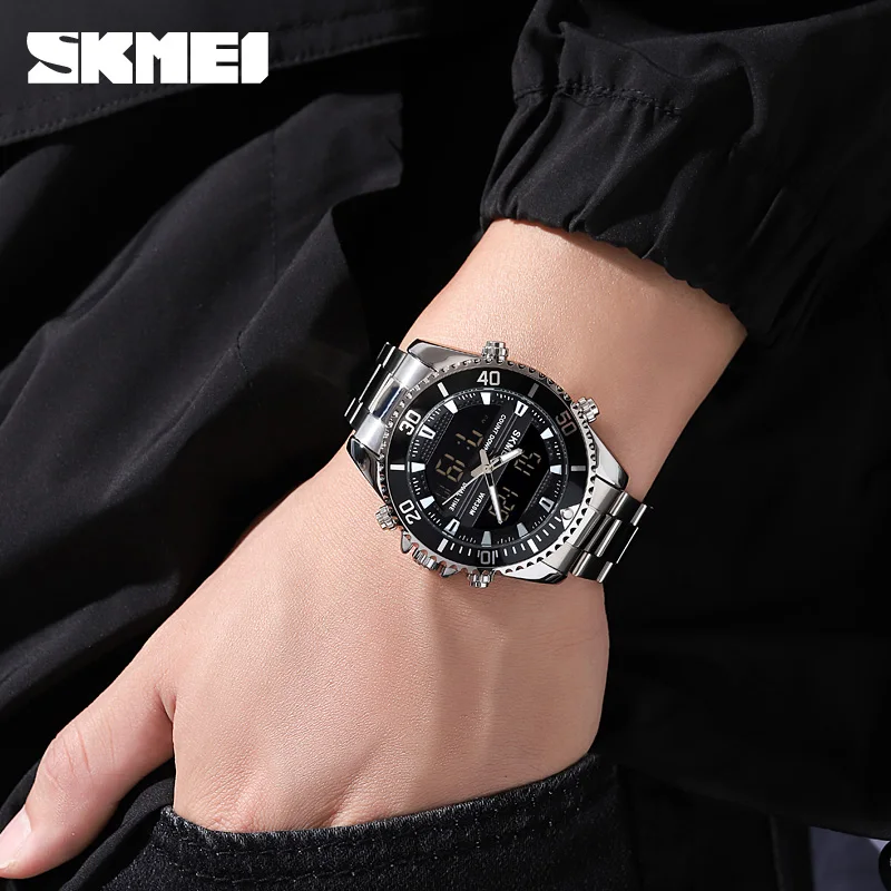 SKMEI قمة الموضة الساعات الرقمية للرجال المزدوج عرض الساعات 2 الوقت مقاوم للماء كرونو إنذار الفولاذ المقاوم للصدأ الرجال ساعة Reloj