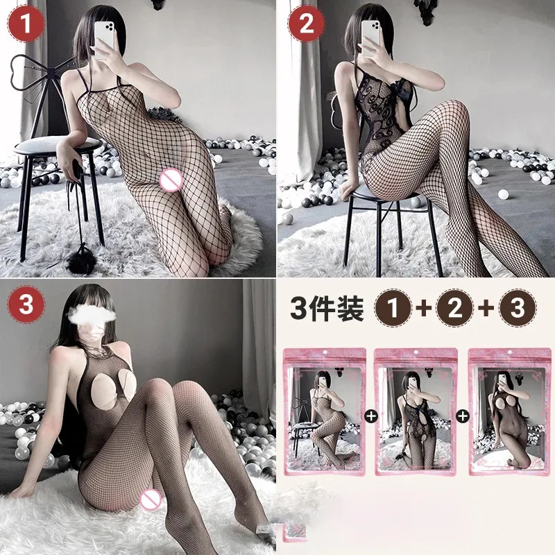 

3Set/Pack Women Sexy Crotchless Erotic Lingerie Fishnet Mesh Bodysuit Female Open Crotch Teddy Hollow Out Bodystockings New