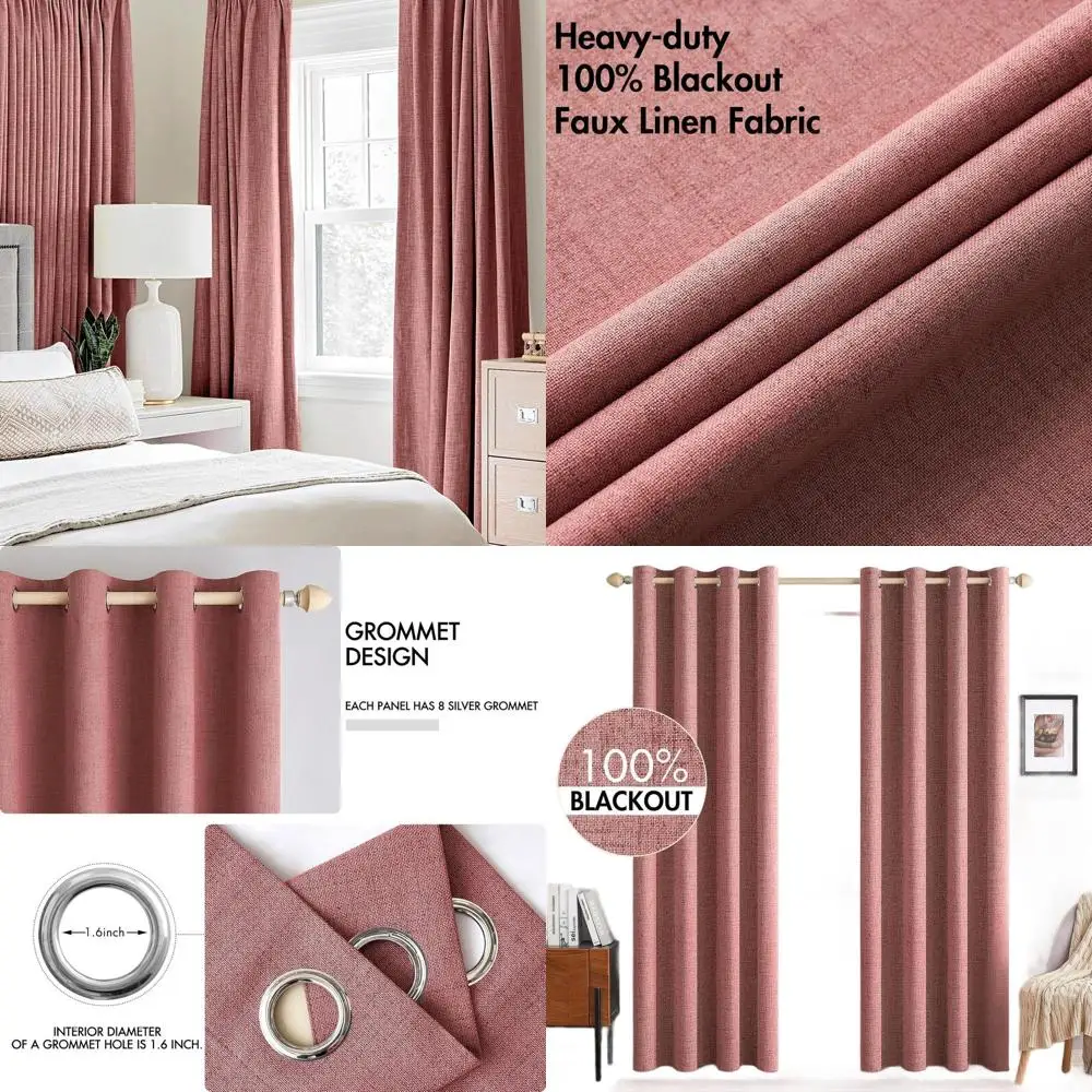 

Thermal Insulated Linen Curtains, Dusty Rose, 52x96, 2-Panel, Solid Blackout for Bedroom & Living Room