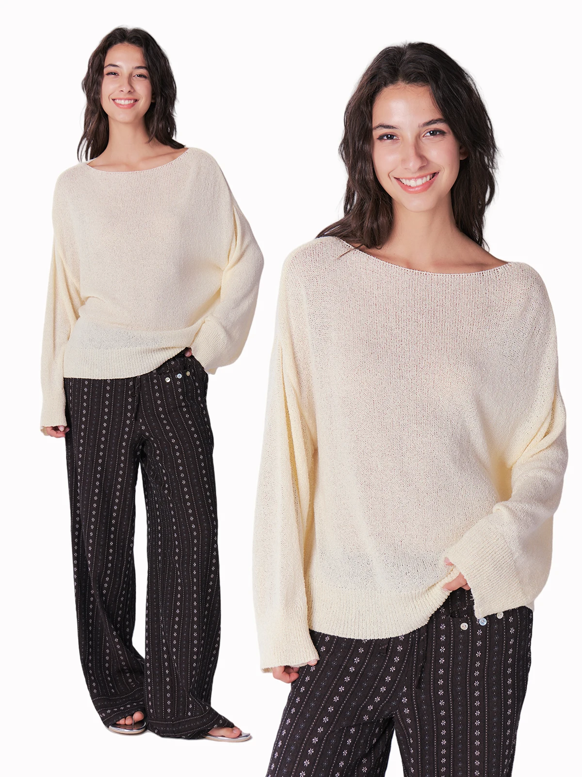 

Повседневный пляжный свободный крой с защитой от солнца Long Sve женский вязаный свитер ванильного цвета с круглым вырезом и топом