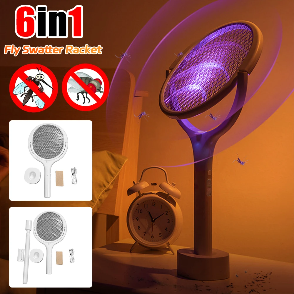 5/6 in1 Rotating Head Fly Swatter Racket Rechargeable Mosquito Catcher Electric Fly Swatter with Telescopic Rod for Home Indoor