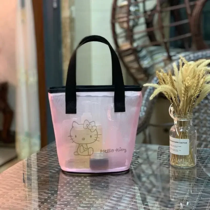 بولي كلوريد الفينيل Hellokitty Ins Sanrios حقيبة مستحضرات التجميل شبكة المحمولة حقيبة مستحضرات تجميل صغيرة حقيبة المرحاض Kawaii الكرتون الجوف أنيمي الشكل فتاة هدية
