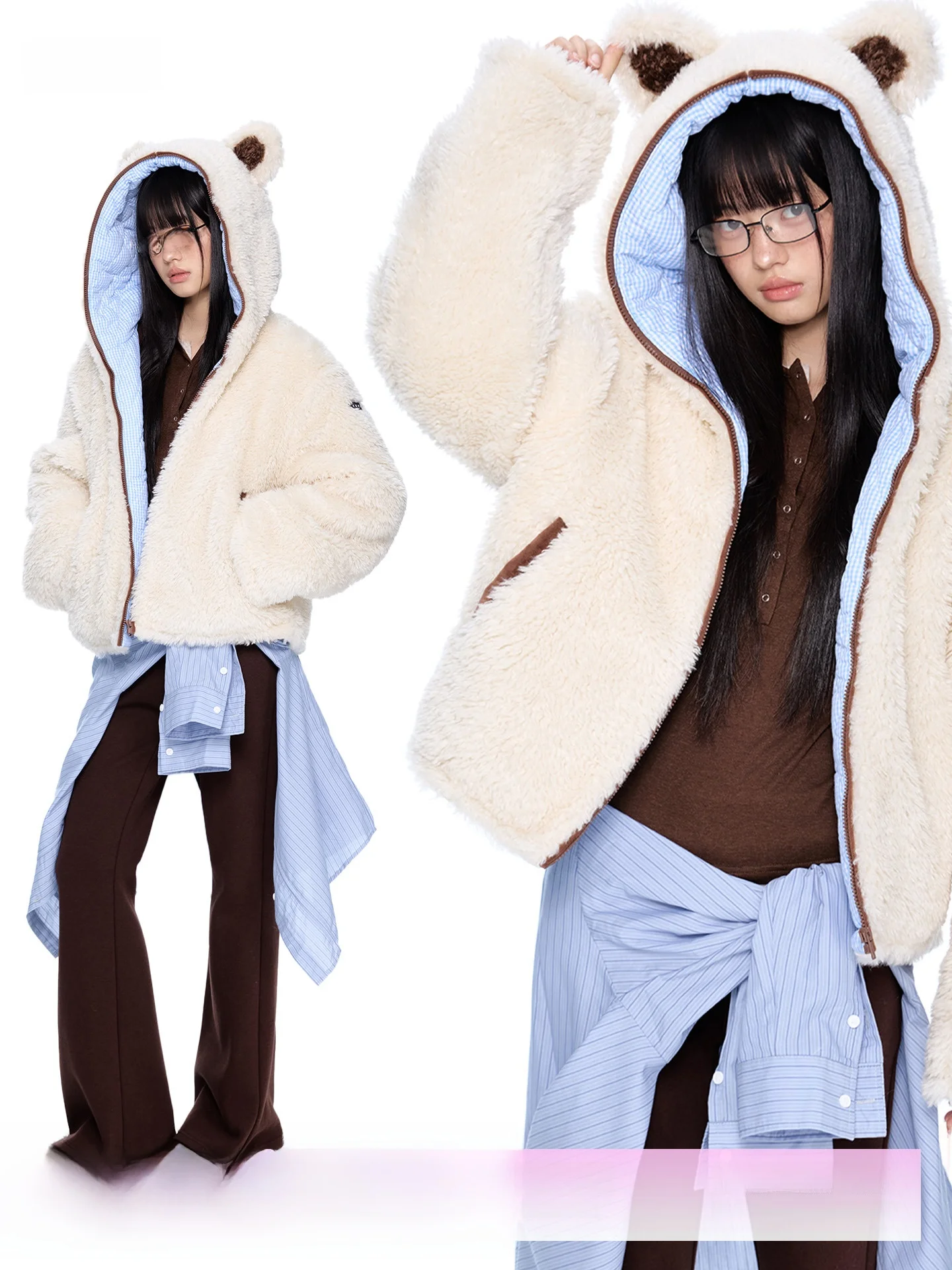 

EZEK Women's Thiened Lamb Fur Cotton Jaet Winter New Sle Strip Splicing Warm Top Zipper Closure Long Sve Hooded