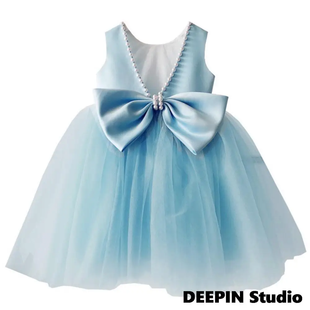 Children's Girls Casual Dress 2024 New Kids Girls Pearl Bow Cute Princess Mesh Tutu Dresses Birthday Festival /Performance Dress