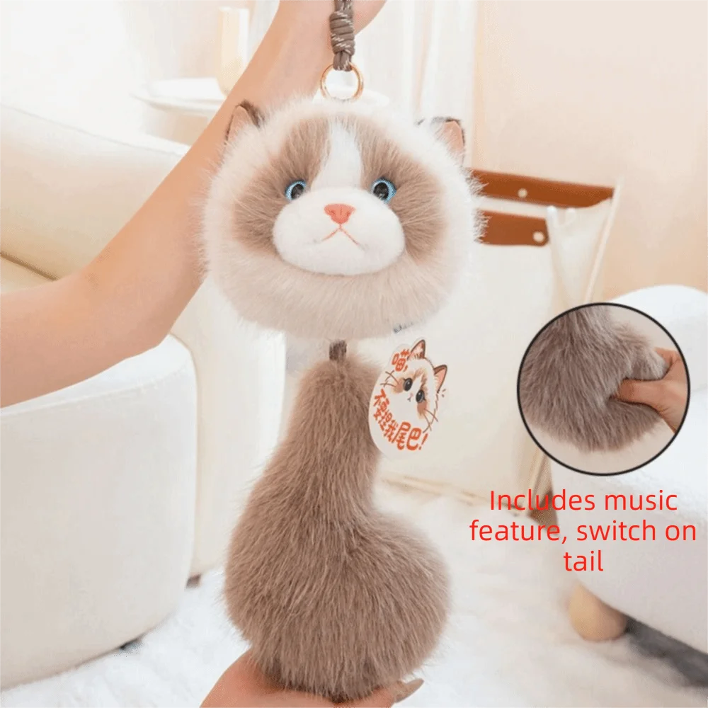 Cute Kitten 33CM Cat Plush Keychain Cute Long Tail Kitten Pendant Sound Making Big Head Ragdoll Cat Stuffed Keychain Bag Pendant