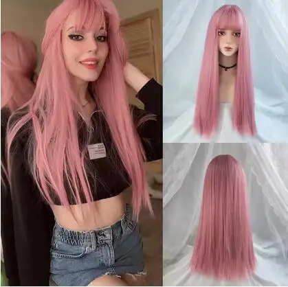 Synthetic Cosplay Lolita Wigs With Cut Bang Blue Pink Blonde Red Long Straight Hair For Party Lady Girl