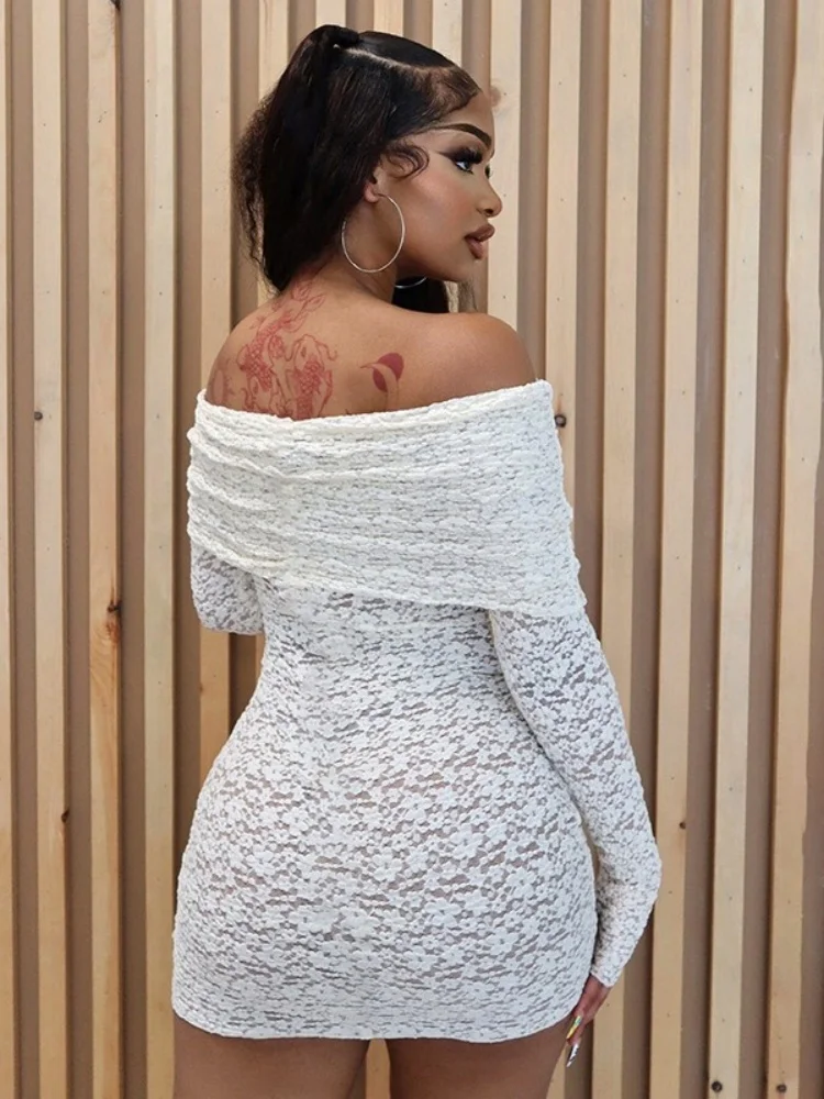 Solid Lace Sexy Dress White Club Outfits For Women Y2k Clothes Strapless Vestidos De Mujer Long Sleeve Mini Dress See Through