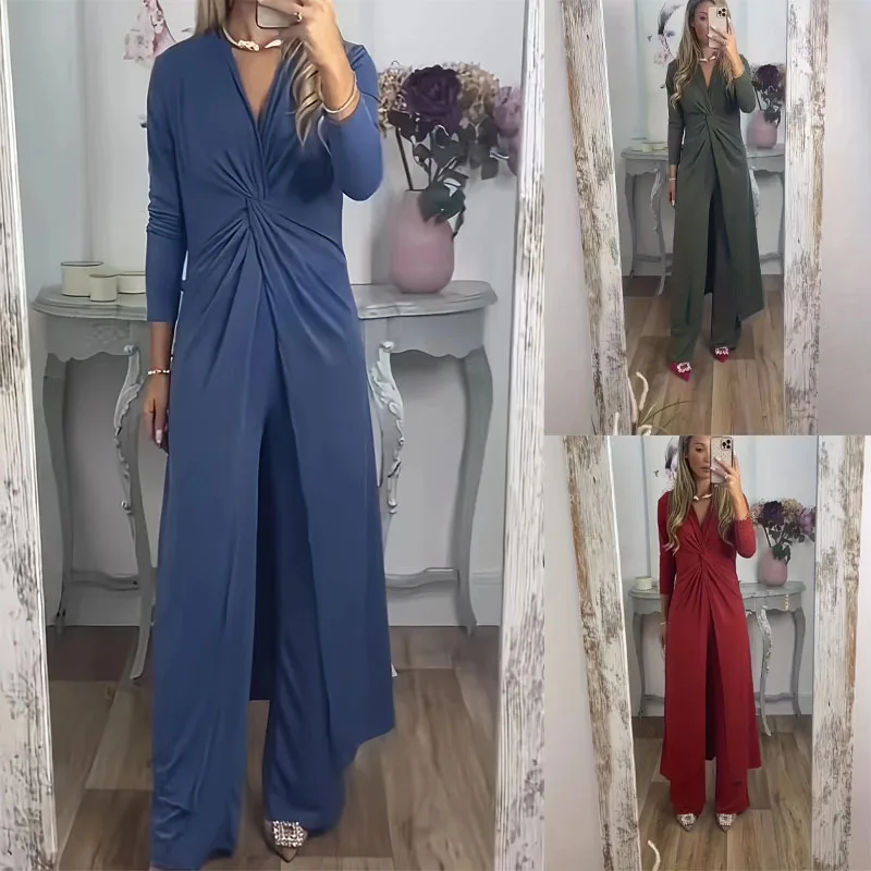 Autumn V-Neck Solid Side Split Dress Long Pants Set Women's Loose 2-Piece