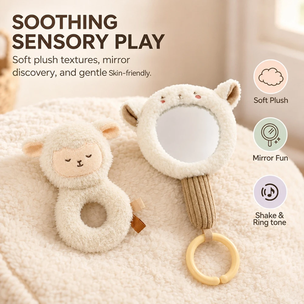 Baby Sensory Toy Cute Little Sheep Cognitive Mirror Rattle Plush Comfort Gripper Toy Early Learning Gift for Newborns