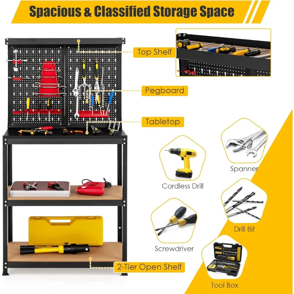 Werkbank, 32" x 16" Metallwerkbank mit Stecktafel, 2 untere Regale und 14 Hängezubehörteile, robuste Werkzeugbank aus Stahl