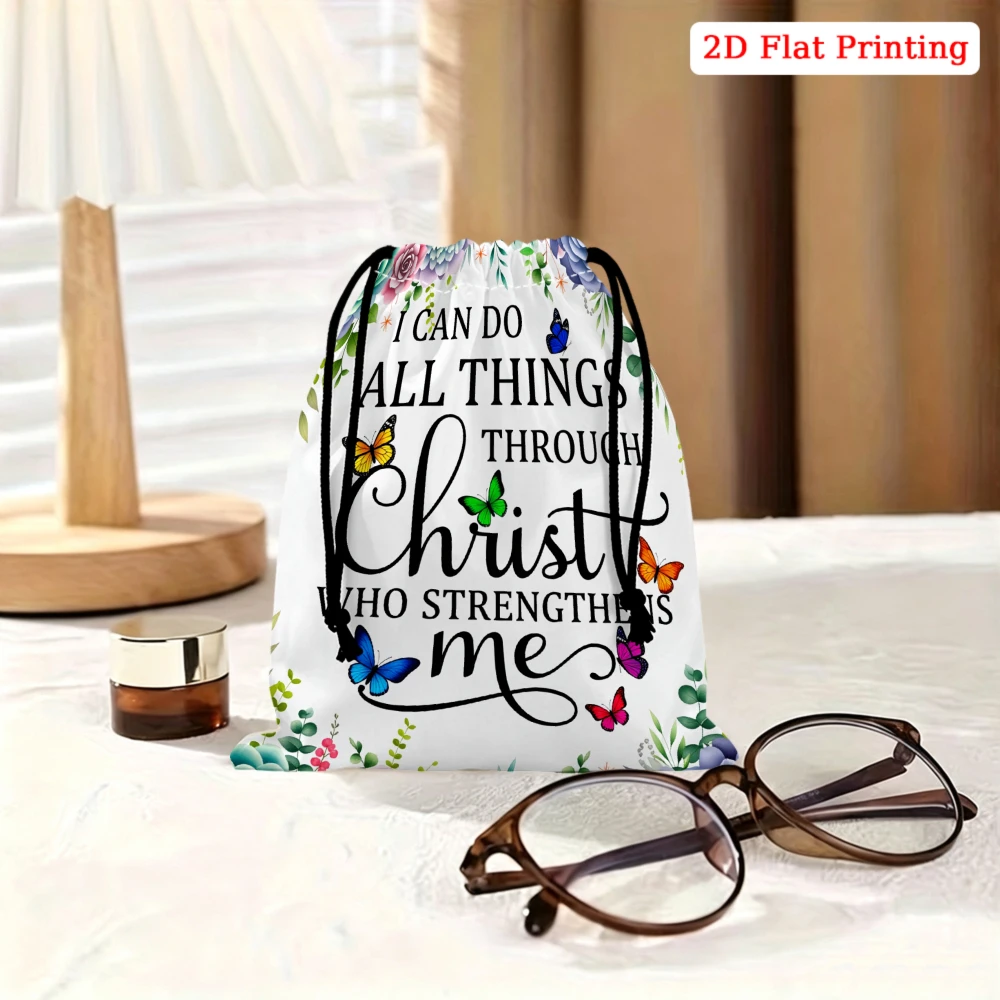 1pc Religious Style Drawstring Bag White Butterfly Floral I Can Do All Things Through Christ Who Strengthens Me Print Storage Sm