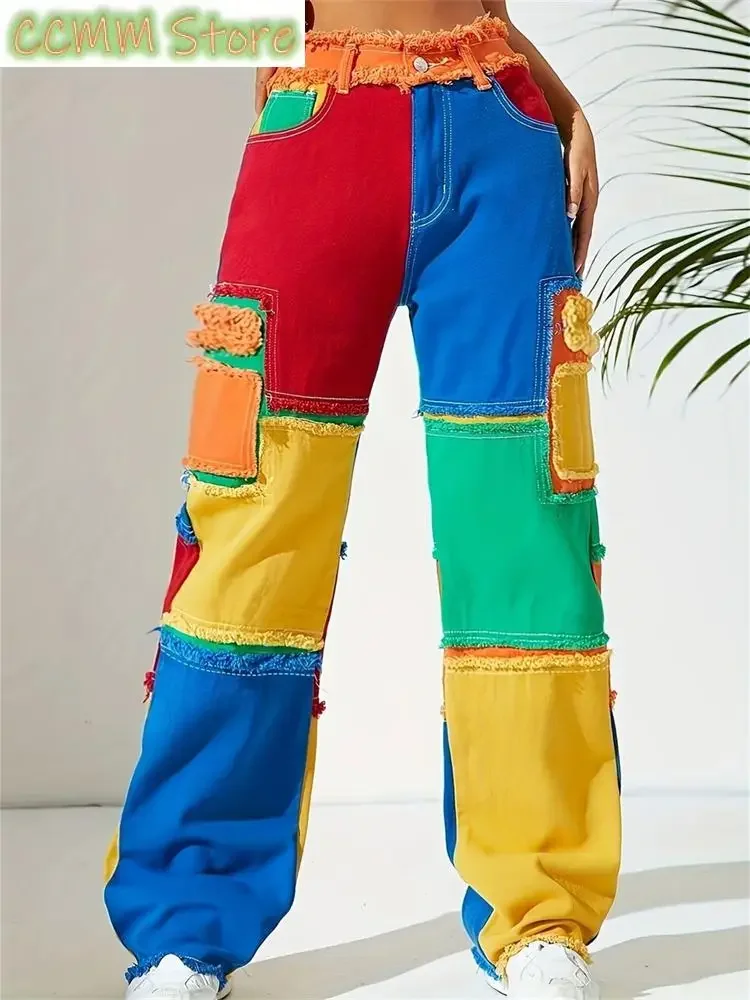 Women's Multiple Color Stitching Burrs Straight Jeans Cool Girl High Waisted Streetwear Fashion Pants Female Denim Trouser